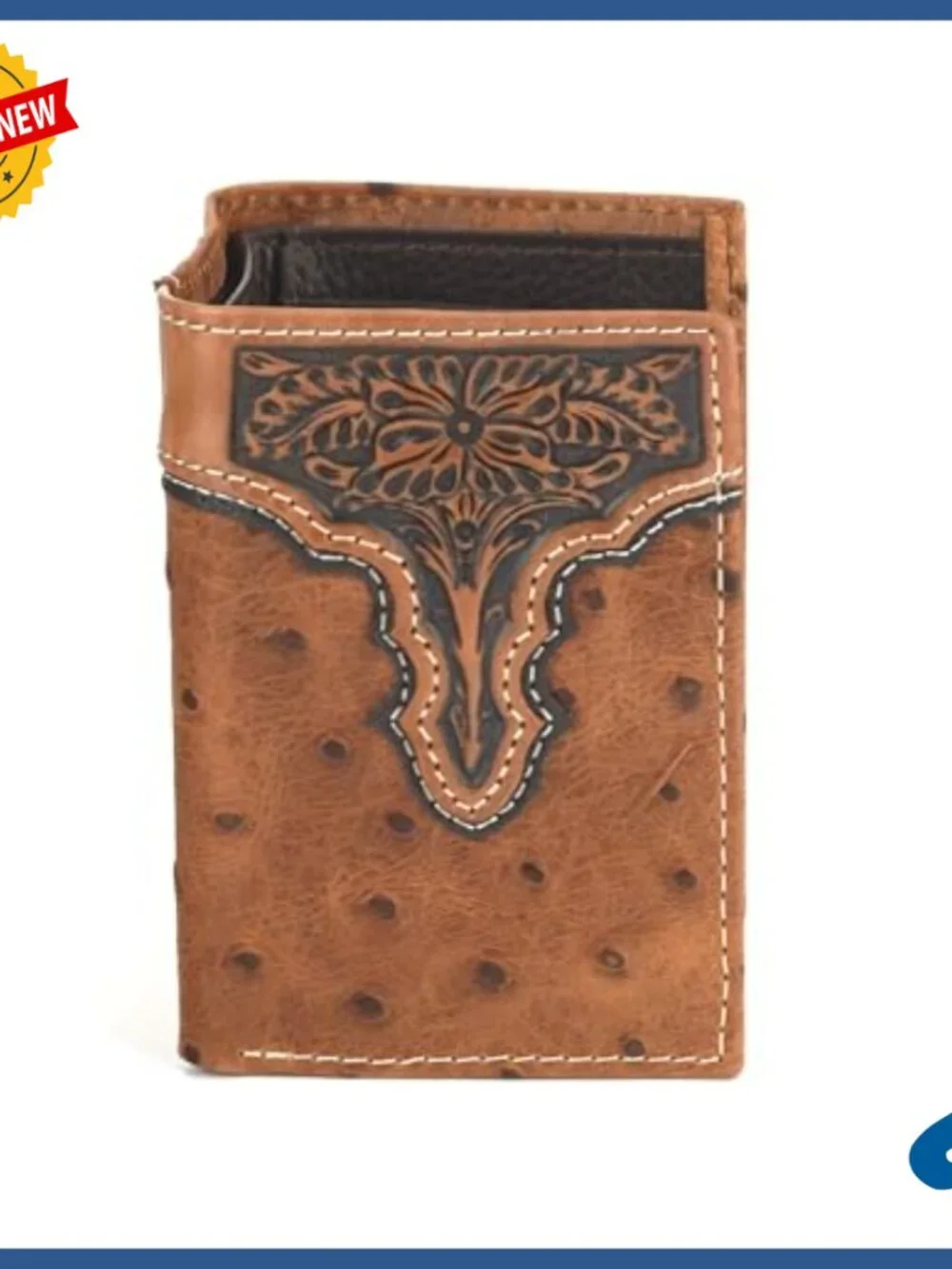 Genuine Leather Tri-Fold Wallet with Ostrich Print and Floral Embossing